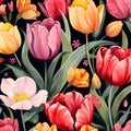 Pattern boom colorful tulip flowers pollen leaves